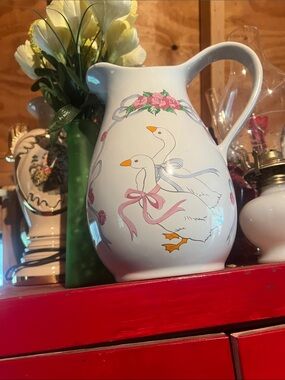 Decorative White Ceramic Goose Pitcher with Pink Ribbon Motif - Unbranded